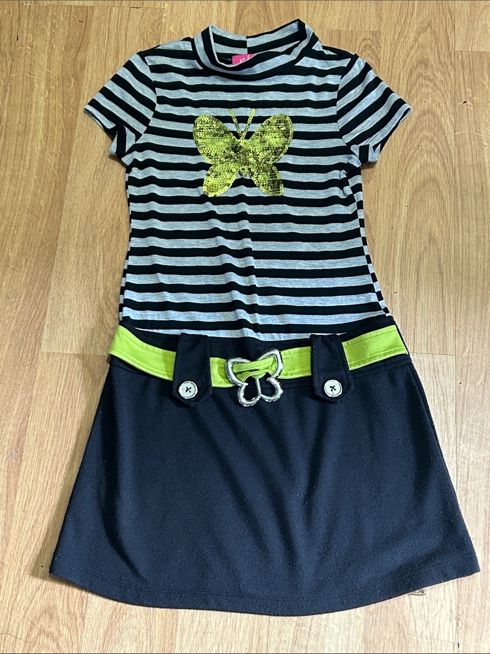 Pinky Black & Gray Striped Dress with Lime Sequin Butterfly Large (10/12)